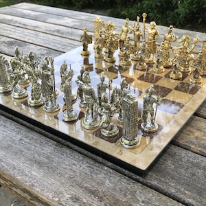 Handmade Greek Mythology Chess Set: Metal Figures, Wooden Board