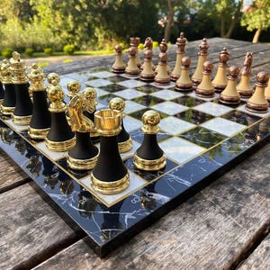 Premium Chess Set for Adults XL Weighted Pieces Handmade Chess Game with Plexy Metal Chessmen and Wooden Chess Board 17&quot; / Gift for Dad