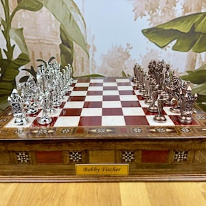Large Crusaders vs Ottomans Chess Set with Storage – Handmade Medieval Metal Pieces & Wooden Board – Personalized Gift for Dad, Him