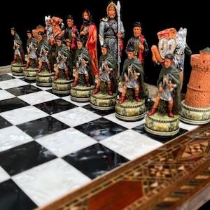 Luxury Chess Set Camelot King Arthur – Hand Painted & Handmade Inlaid Solid Board | Gift for Dad, Husband, Christmas, Anniversary