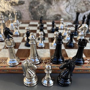 Luxury Chess Set – Carved Metal Chessmen & Solid Wooden Inlaid Chess Board 16&quot; | Handmade Gift for Dad | Christmas, Anniversary, Birthday