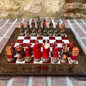 Luxury Chess Set – Camelot King Arthur Hand 100% Painted Chessmen & Handmade Inlaid Solid Board | Gift for Dad, Husband, Anniversary