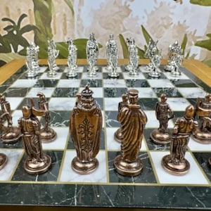Antique Crusaders Chess Set with 14.5&quot; Marble Pattern Board – Luxury Metal Handmade Chessmen – Gift for Dad, Birthday, Christmas