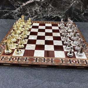 Luxury Chess Set – Carved Metal Brass Chessmen & Solid Wooden Inlaid Chess Board | Handmade Gift for Him| Christmas, Anniversary Gift