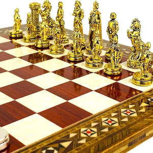 Handmade British Empire Chess Set: Metal Chessmen & Mosaic Board