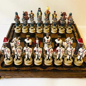 X Large Crusaders Chess Set Hand Painted Vintage Walnut Wood Chess Board 16&quot;| Gift for Dad, Husband, Christmas, Anniversary Handmade