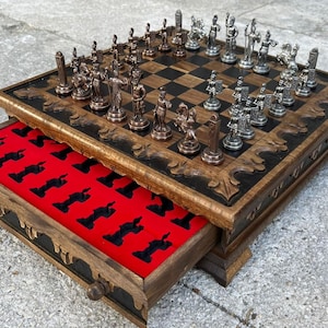 Antique Chess Set with Storage Drawer – 14.5” Wooden Chess Board & Mythology Pieces – Luxury Handmade Gift for Him 100% Handmade