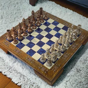 Classic Chess Set – Carved Metal Chessmen & Solid Wooden Inlaid Chess Board | 100% Handmade Gift for Dad | Christmas, Anniversary Gift