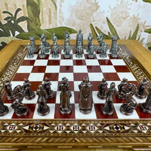 Handmade Medieval British Chess Set: Inlay Wooden Board with Metal Chessmen