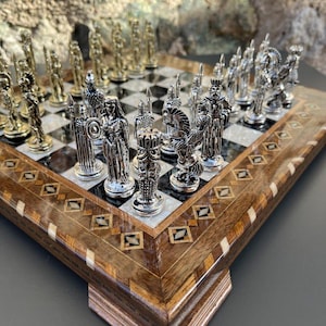 Medieval Mythology Chess Set | Handcrafted Wood Board & Metal Chess Pieces | Gift for Him, Dad | Christmas Gift | Handmade