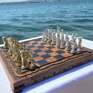 Vintage Chess Set – Medieval Roman Handmade Wooden Vintage Board with Metal Chess Pieces | Gift for Him, Dad, or Collector