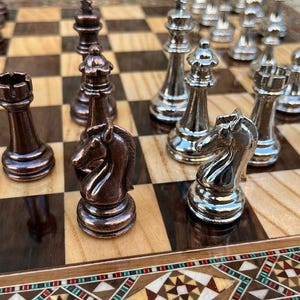 Luxury Chess Set – Carved Metal Chessmen & Rosewood Solid Inlaid Chess Board 16&quot; | Handmade Gift for Dad | Christmas, Anniversary, Birthday