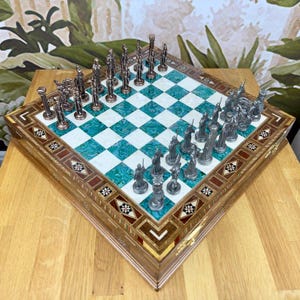 Luxury Medieval Mythology Chess Set with Storage – Handmade Wood Board & Metal Pieces – Personalized Gift for Dad, Husband, Boyfriend