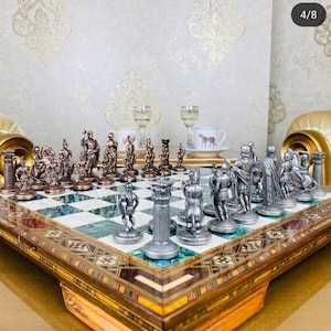 Antique Chess Set – Medieval Roman Handmade Wooden Board with Metal Chess Pieces | Gift for Him, Dad, or Collector