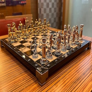 Vintage Chess Set - Mythology Pieces Handmade Marble Wooden Board- Gift for Him, Dad, Birthday, Christmas, Collectors Décor