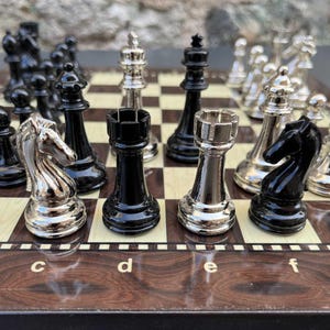 VIP Chess Set – Weighted Carved Metal Chessmen & Marble Wooden Chess Board 16.9&quot; | Handmade Gift for Dad | Christmas, Anniversary Gift