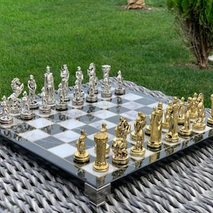 Handmade Medieval Chess Set: British Empire Metal Pieces, Wooden Board