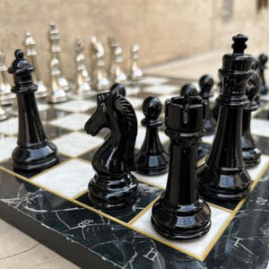 Luxury Chess Set – Carved Metal Chessmen & Marble Wooden Chess Board 16.9&quot; - Handmade Gift for Dad | Christmas, Anniversary Gift