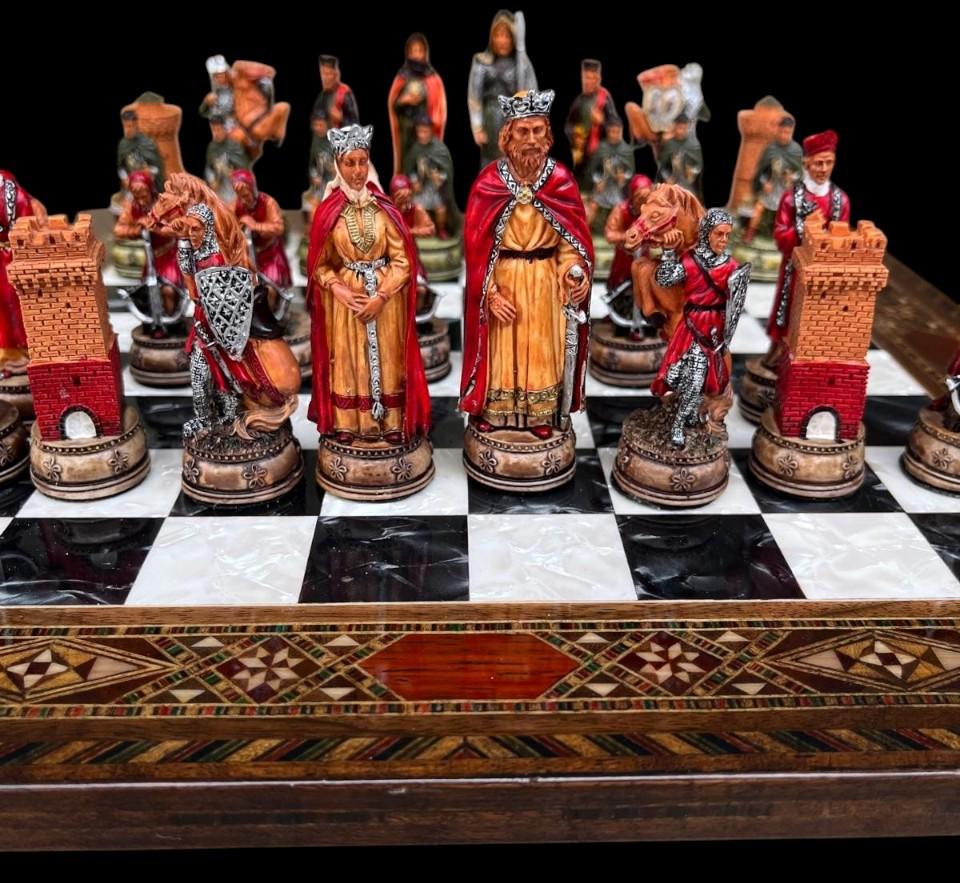 Luxury Camelot Chess Set – Hand Painted Chessmen & Handmade Inlaid Solid Board | Gift for Dad, Husband, Christmas, Anniversary