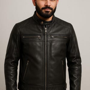 Blouson motard en cuir d'agneau véritable doux pour homme | Veste de moto légère | Manteau en cuir coupe slim 6 poches | Tenues décontractées et tenues cavalières