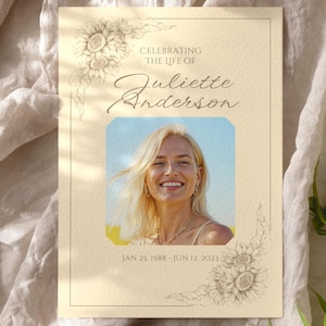 Sjabloon begrafenisprogramma, bewerkbaar gedenkteken zonnebloem, overlijdensadvertentie levensbeschouwing