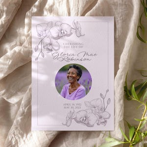 Sjabloon voor begrafenisprogramma orchidee: herdenkingsmonument Celebration of Life, bewerkbaar canvas