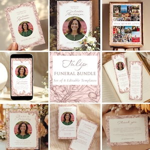 Peut inclure: Ensemble de modèles commémoratifs avec un portrait de femme, orné de motifs floraux et botaniques. Les modèles comprennent un panneau, un affichage téléphonique, des marque-pages et des cartes. Le texte comprend "Célébrer la vie de Juliette Anderson" et "Tulip Funeral Bundle".