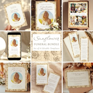 Sunflower Funeral Program Template Bundle: Celebration of Life, Memorial Cards (Canva Editable, Digital Download