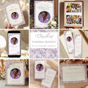 May include: A collection of eight editable templates for a funeral, featuring a portrait of a woman in a lavender-colored frame. The templates include a memorial poster, a framed photo collage, a bookmark, and thank you cards. The theme is floral with a soft, elegant design.