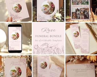 Rose Funeral Bundle: Memorial Program, Welcome Sign, Prayer Card, Celebration of Life Stationery Set, Editable Canva Templates