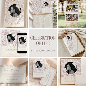 Può includere: Una collezione di articoli di cancelleria funebre con motivo floreale toile viola, che include un cartello commemorativo, un programma, una bacheca per collage di foto, un segnalibro e un biglietto di ringraziamento con il nome Keisha Williams.