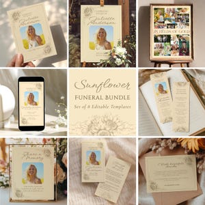 Sonnenblumen-Beerdigungspaket - bearbeitbare Canva-Gedenkbroschüre, Nachruf zur Feier des Lebens, minimalistisches druckbares Design