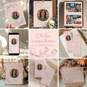 Peut inclure: Ensemble de huit modèles funéraires modifiables, comprenant des cartes de condoléances, une affiche et une carte de remerciement. Les modèles présentent une photo, des illustrations florales et le texte "Célébrer la vie de Juliette Anderson". La palette de couleurs est rose pâle et beige.