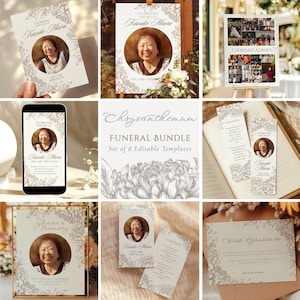 Chrysanthemum Funeral Bundle – Editable Canva Templates, Celebration of Life Program, Obituary, Memorial Printable Design