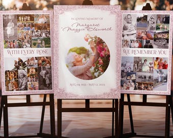Rose Funeral Welcome Sign: Photo Collage, Celebration of Life, Editable Canva