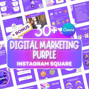 Może przedstawiać: Zestaw szablonów marketingu cyfrowego dla Instagrama, w fioletowo-białej kolorystyce. Obraz wyświetla tekst "DIGITAL MARKETING PURPLE INSTAGRAM SQUARE" i "30+". Obecne jest logo Canva oraz grafiki związane z marketingiem.