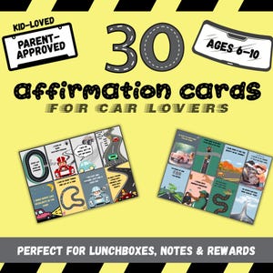 Może przedstawiać: Zestaw 30 kart afirmacyjnych dla miłośników samochodów, z ilustracjami samochodów i układów drogowych. Karty przeznaczone dla dzieci w wieku 6-10 lat i zatwierdzone przez rodziców. Tekst brzmi "affirmation cards for car lovers".