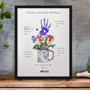 Manualidad con huella de mano para el Día de la Madre / 5 razones por las que te amo, mamá / PDF + JPG imprimible (A4 y carta)