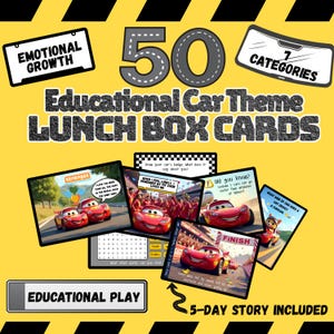 May include: Educational car-themed lunch box cards with the text "Emotional Growth" and "7 Categories." The cards feature illustrations of race cars and educational content. The set includes a 5-day story.