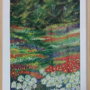 Quadro con gessetti su carta vintage – Prato fiorito – arte spontanea e colorata – Cornice protettiva inclusa – Decorazione fatta a mano