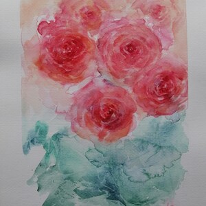 Acquerello su carta, rose primaverili, dipinto originale, arte floreale, decorazione botanica da parete, colori freddi rosa e verde