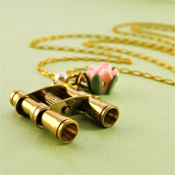 Items similar to Gold Brass Binoculars Necklace with Pink Flower and