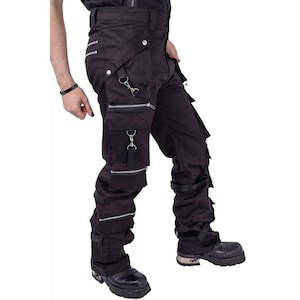 Orekyo Men’s Straight Leg Cargo Pants – Black Bondage Pants with Zippers & Straps