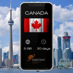 以下が含まれることがあります： スマートフォン画面に、カナダ向けのモバイルデータプランが表示されています。このプランには、30日間有効な5GBのデータが含まれています。画面には、カナダの国旗とOrbitSimのロゴも表示されています。