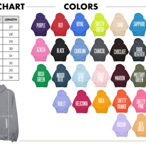 Op de afbeelding: Afbeelding met een maattabel en een kleurentabel voor hoodies. De maattabel geeft maten S tot 5XL weer met breedte- en lengtematen in cm. De kleurentabel toont verschillende hoodie-kleuren, waaronder paars, rood en zwart.