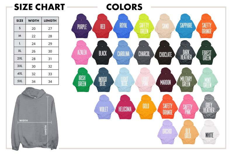 Op de afbeelding: Afbeelding met een maattabel en een kleurentabel voor hoodies. De maattabel geeft maten S tot 5XL weer met breedte- en lengtematen in cm. De kleurentabel toont verschillende hoodie-kleuren, waaronder paars, rood en zwart.