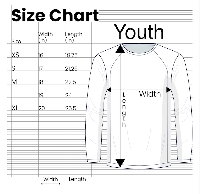 Op de afbeelding: Een maattabel voor kinderkleding, met afmetingen in inches. De tabel bevat maten XS tot XL, met details over de breedte- en lengtematen. Er is een wit shirt met lange mouwen afgebeeld.
