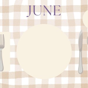 May include: A digital illustration of a table setting for June. The image features a beige and white checkered tablecloth, a large plate, and silverware including a fork, knife, and spoon. The word "JUNE" is written in purple.