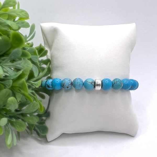 Turquoise Stack Bracelet, Turquoise Silver Bead Stack Bracelet, Silver Turquoise Stretch Bracelet, Blue Turquoise, Silver Bead Bracelet