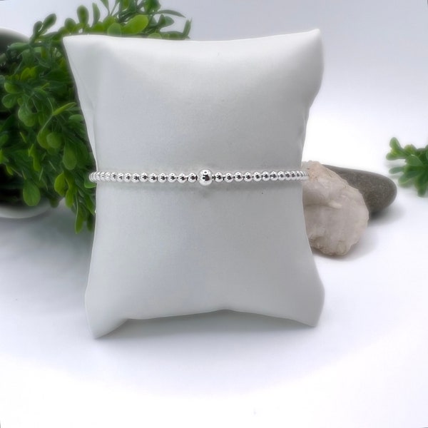 3mm Silver Focal Bead Bracelet, Silver Bead Bracelet, Silver Stack Bracelet, Stretch Beaded Bracelet, Delicate Silver Beaded Bracelet,